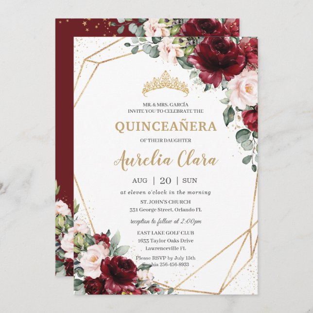 Convites Quinceañera Burgundy Blush Geométrico Dourado (Frente/Verso)