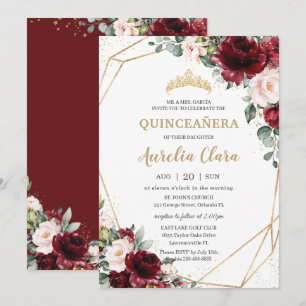 Convites Quinceañera Burgundy Blush Geométrico Dourado