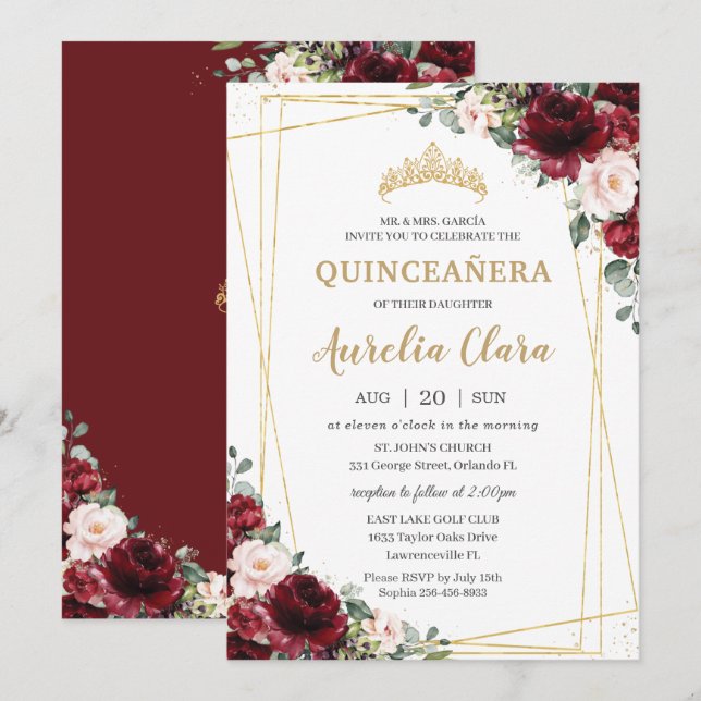 Convites Quinceañera Burgundy Blush Geométrico Dourado (Frente/Verso)