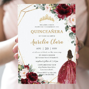 Convites Quinceañera Burgundy Blush Princesa Dourada Flora