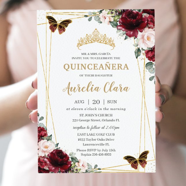 Convites Quinceañera Burgundy Blush Princesa Floral Tiara (Criador carregado)
