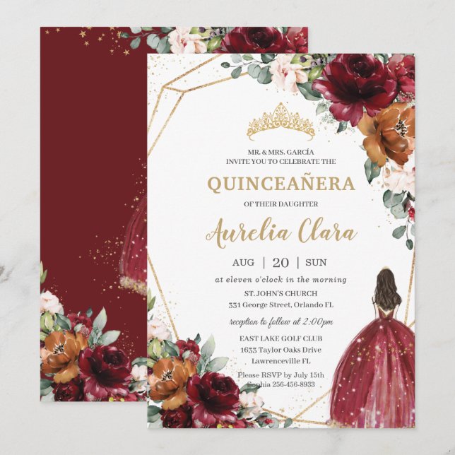 Convites Quinceañera Burgundy Blush Rust Princesa Floral (Frente/Verso)