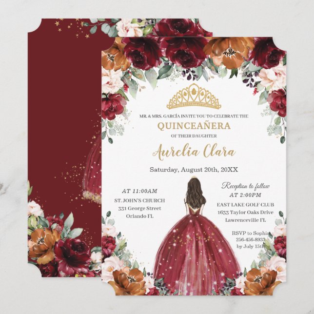 Convites Quinceañera Burgundy Blush Rust Princesa Floral (Frente/Verso)
