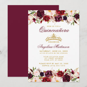 Convites Quinceanera Burgundy Coroa Dourada Floral