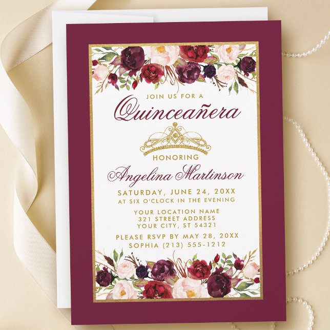 Convites Quinceanera Burgundy - Coroa Dourada Floral (Customize to change text color, style, add text & photos to back or change color of back of card.)