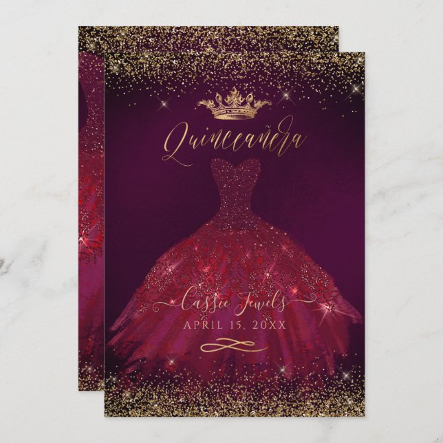Convites Quinceanera Burgundy Dourada Coroa Princesa (Frente/Verso)