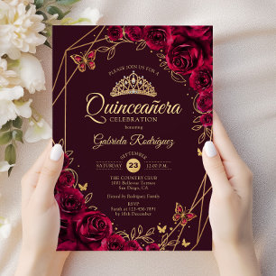 Convites Quinceanera Burgundy Dourada Floral