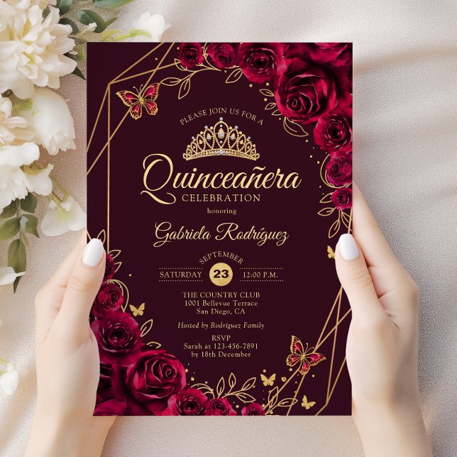 Convites Quinceanera Burgundy Dourada Floral (Criador carregado)