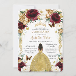 Convites Quinceañera Burgundy Dourada Floral Brown Girl