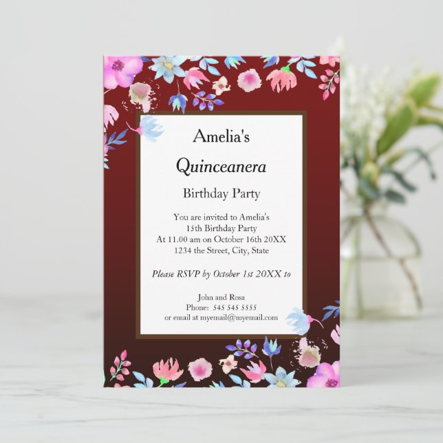 Convites Quinceanera Burgundy - festas de aniversário (Em pé/Frente)