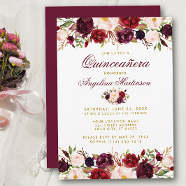 Convites Quinceanera Burgundy Floral Dourada