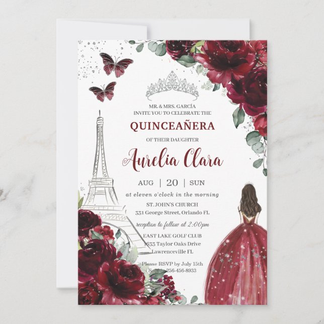 Convites Quinceañera Burgundy Floral Paris Eiffel Princesa (Frente)