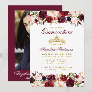 Convites Quinceanera Burgundy Foto Dourada Floral