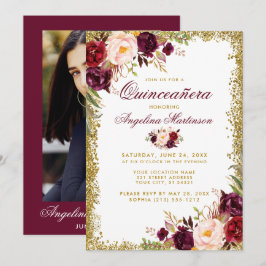 Convites Quinceanera Burgundy Foto Dourada Floral