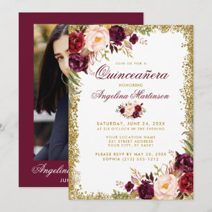 Convites Quinceanera Burgundy Foto Dourada Floral