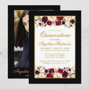 Convites Quinceanera Burgundy Foto Dourada Preta