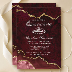 Convites Quinceanera Burgundy Gato Dourado