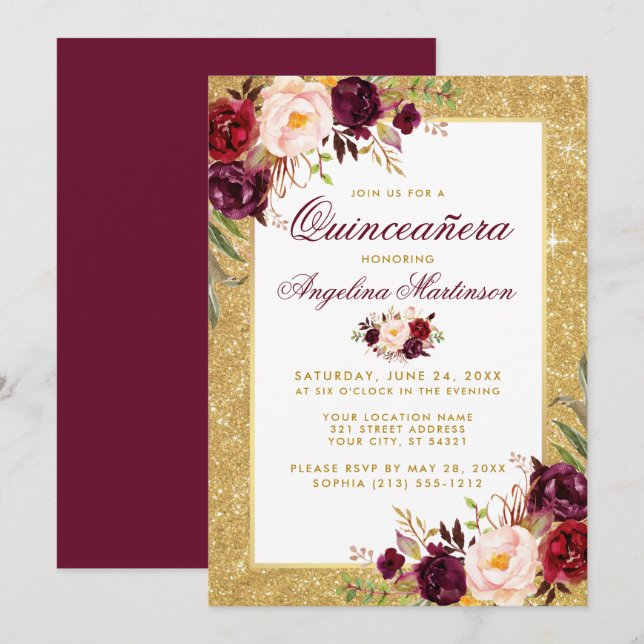 Convites Quinceanera Burgundy Glitter Dourado Floral (Frente/Verso)