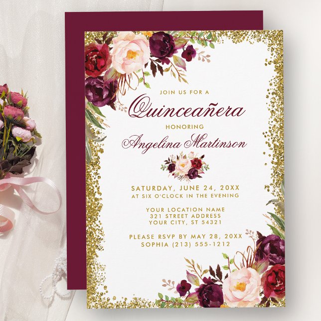 Convites Quinceanera Burgundy Glitter Dourado Floral Convit (Customize to change text color, style, add text & photos to back or change color of back of card.)