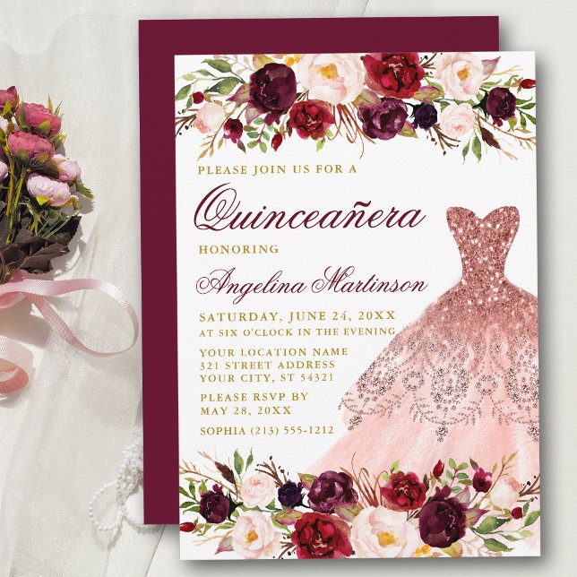 Convites Quinceanera Burgundy Glitter Floral Dourado (Customize to change text color,  size, style or to change color of back of card.)
