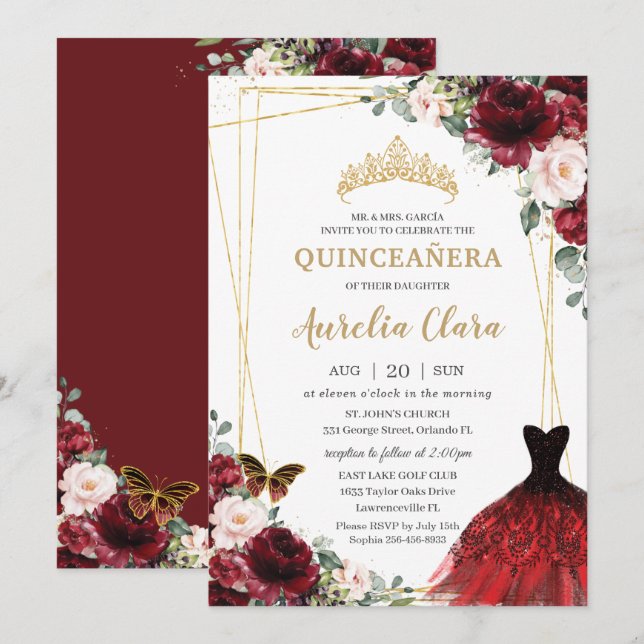 Convites Quinceañera Burgundy Princesa Floral Rosa Rosa Ros (Frente/Verso)