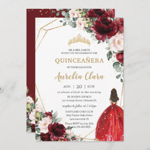 Convites Quinceañera Burgundy Red Blush Princesa Floral