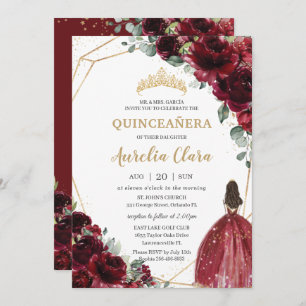 Convites Quinceañera Burgundy Red Floral Princesa Dourada