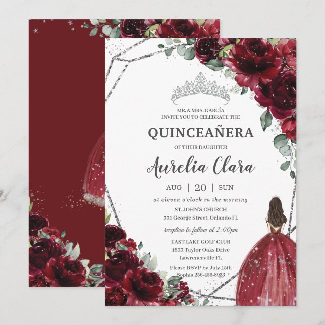Convites Quinceañera Burgundy Red Floral Silver Princesa (Frente/Verso)