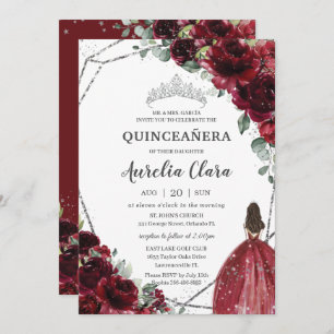 Convites Quinceañera Burgundy Red Floral Silver Princesa