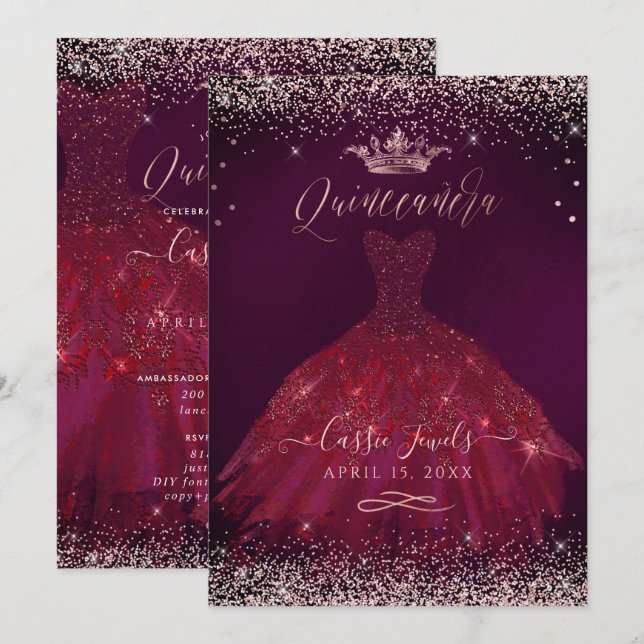 Convites Quinceanera Burgundy Rosa Dourado Confetti+Princes (Frente/Verso)