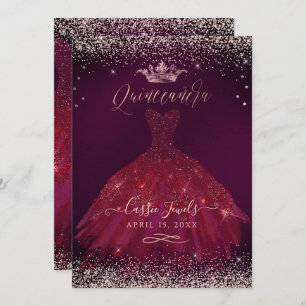 Convites Quinceanera Burgundy Rosa Dourado Confetti+Princes