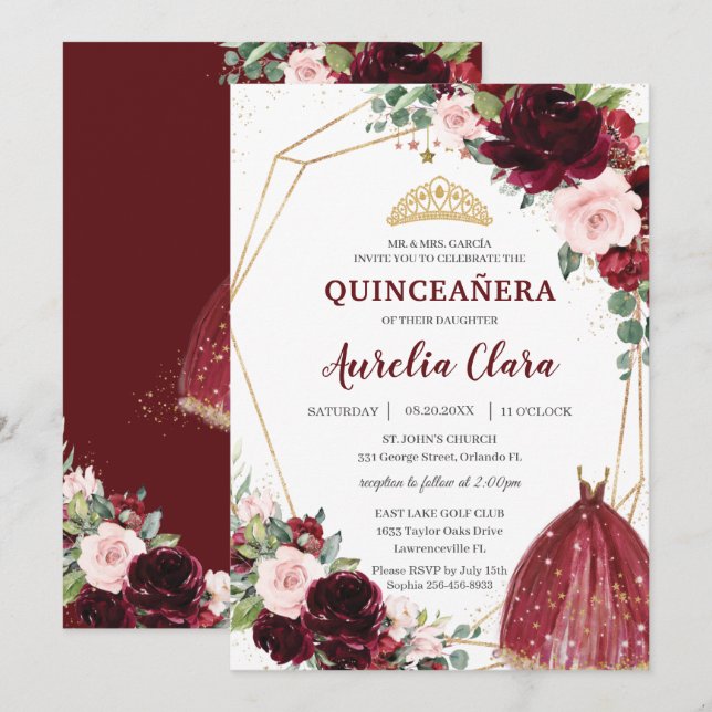 Convites Quinceañera Burgundy Rosas Florais Rosa Ball Gown (Frente/Verso)