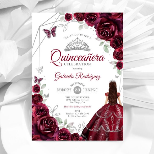 Convites Quinceanera Burgundy Vestido Floral (Criador carregado)
