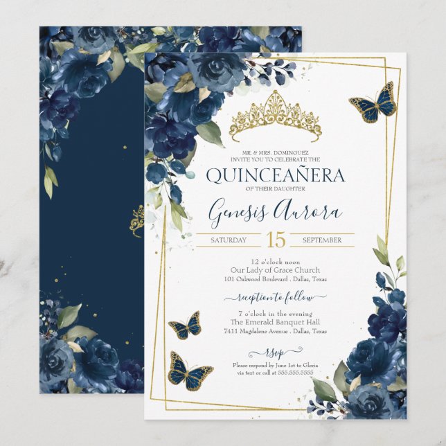 Convites Quinceañera Butterfly Blue Watercolor Floral (Frente/Verso)