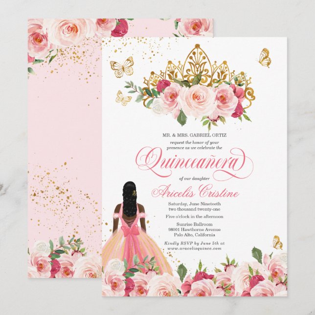 Convites Quinceañera Butterfly Blush Pink Watercolor Floral (Frente/Verso)