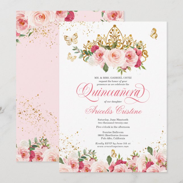Convites Quinceañera Butterfly & Blush Pink Watercolor Rosa (Frente/Verso)