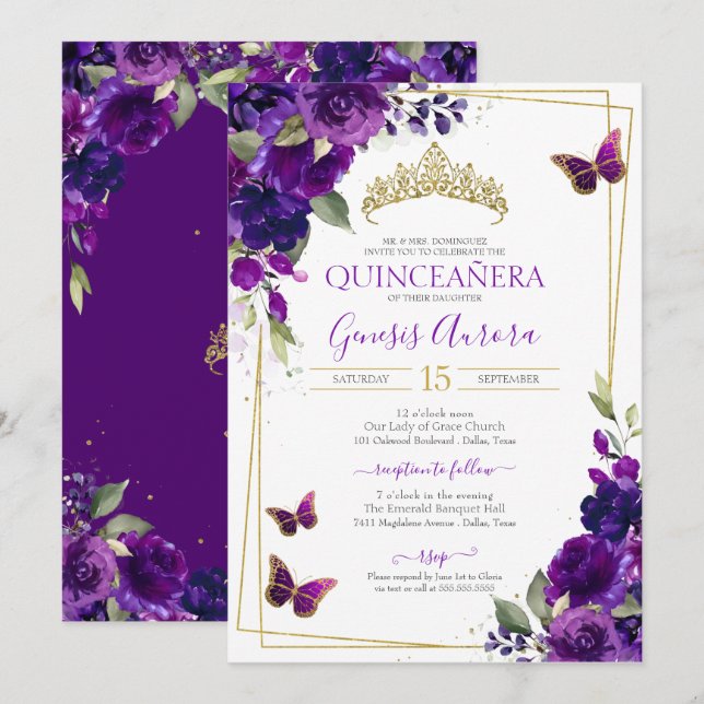 Convites Quinceañera Butterfly Purple Watercolor Floral (Frente/Verso)