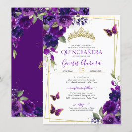 Convites Quinceañera Butterfly Purple Watercolor Floral