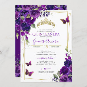 Convites Quinceañera Butterfly Purple Watercolor Floral