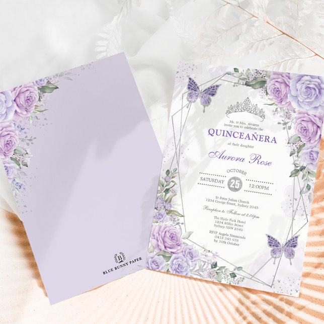 Convites Quinceañera Butterfly Roxo Lilver Floral (Criador carregado)