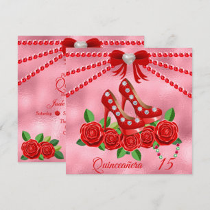 Convites Quinceañera, Calçados Vermelhos, Joias E Flores-Ro