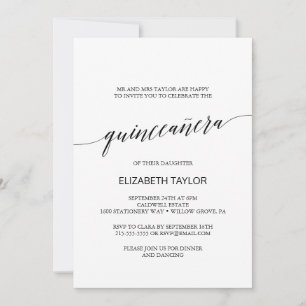 Convites Quinceañera, Caligrafia Negra Elegante