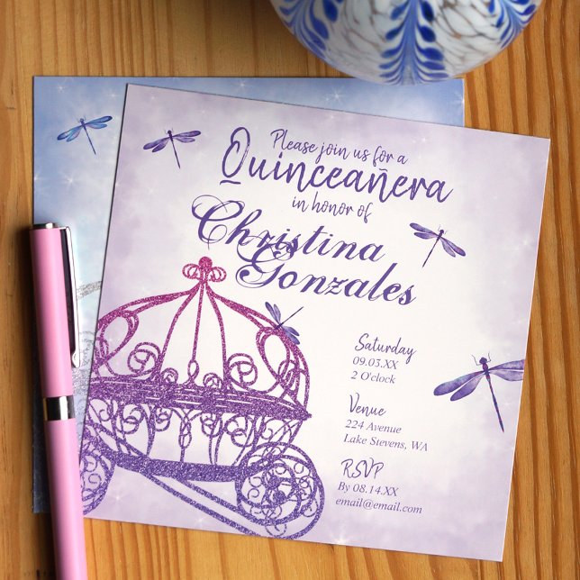 Convites Quinceañera Carruagem de Cavalo Roxo (Purple horse carriage quinceanera princess invitations)