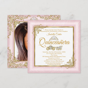 Convites Quinceanera Carruagem de Fotos Rosa Pálido 15 Anos