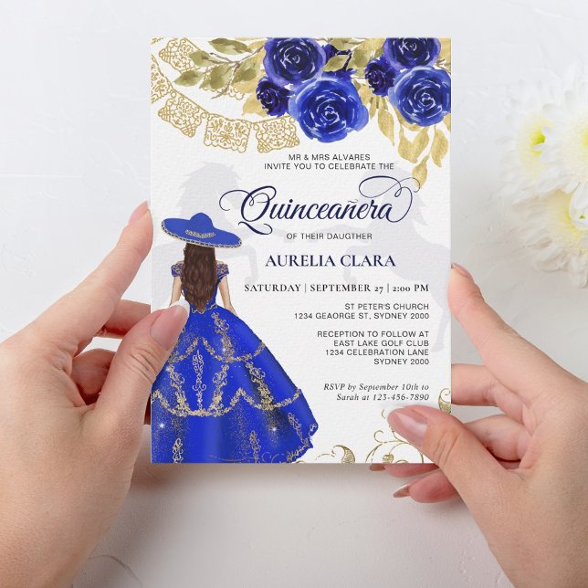 Convites Quinceañera - Cavalo Azul Floral Real Elegante (Criador carregado)