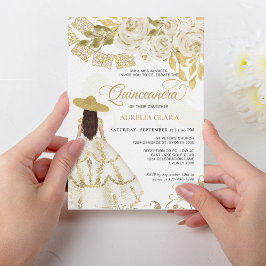Convites Quinceañera, Cavalo Dourado de Ivória Floral