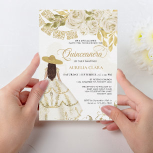 Convites Quinceañera, Cavalo Dourado de Ivória Floral