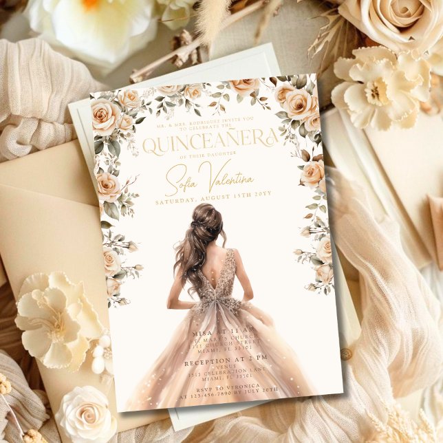 Convites Quinceañera Champagne Dourada Floral Gown Princesa (Quinceañera Champagne Gold Floral Gown Princess Invitation)
