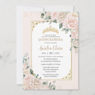 Convites Quinceañera Champagne Ivory Blush Floral Dourado