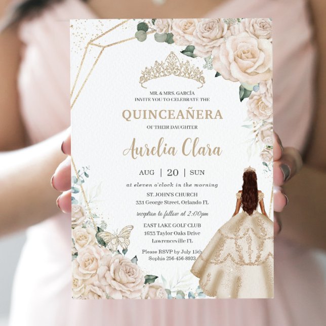 Convites Quinceanera Champagne Ivory Floral Princesa (Criador carregado)